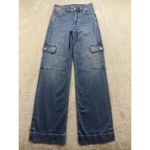 American Eagle Womens Super High-Rise Baggy Wide Leg Cargo Jeans 000 Meas26x32.5